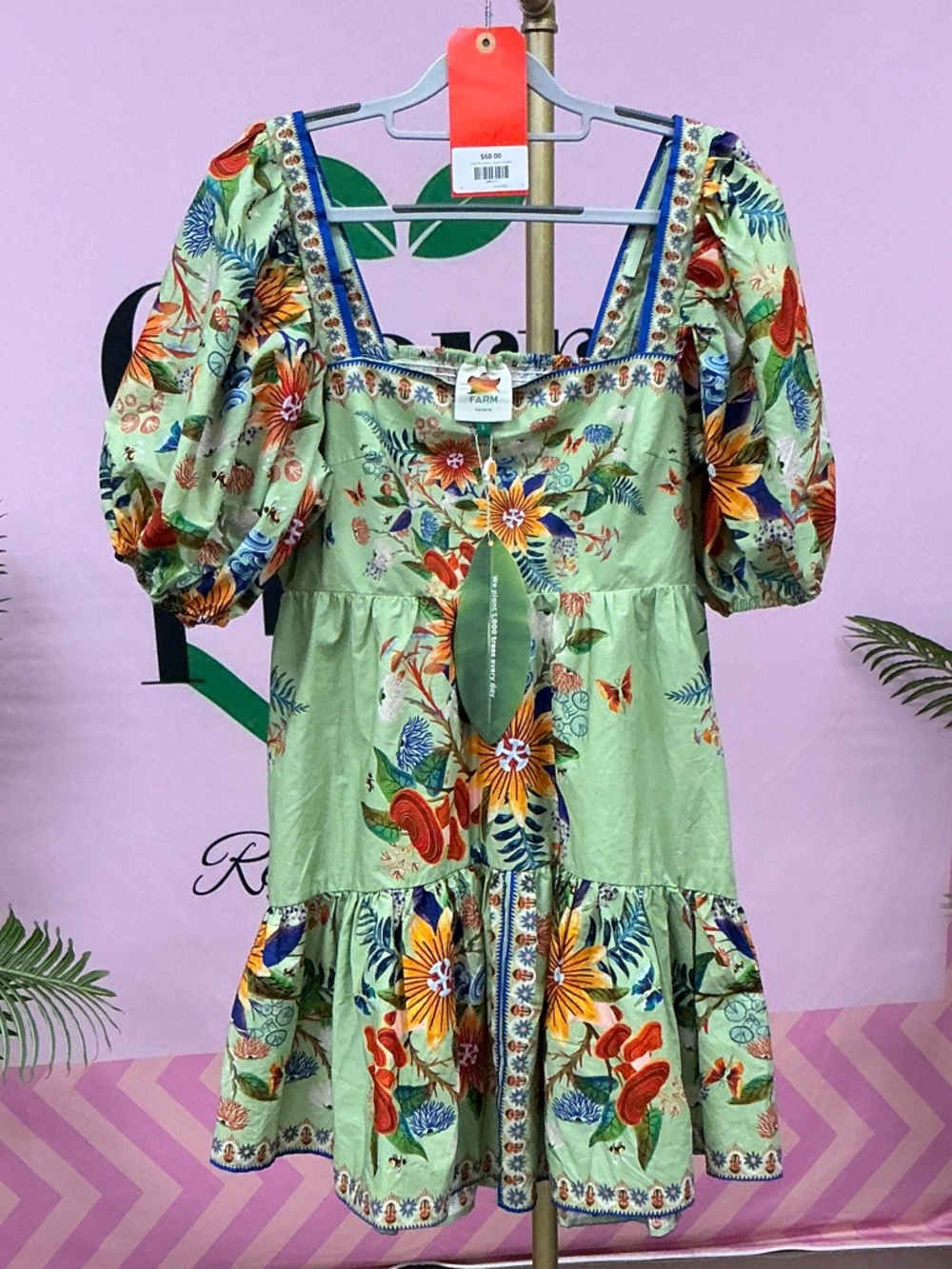 FARM Rio Mint Green Floral Puff Sleeve Mini Dress